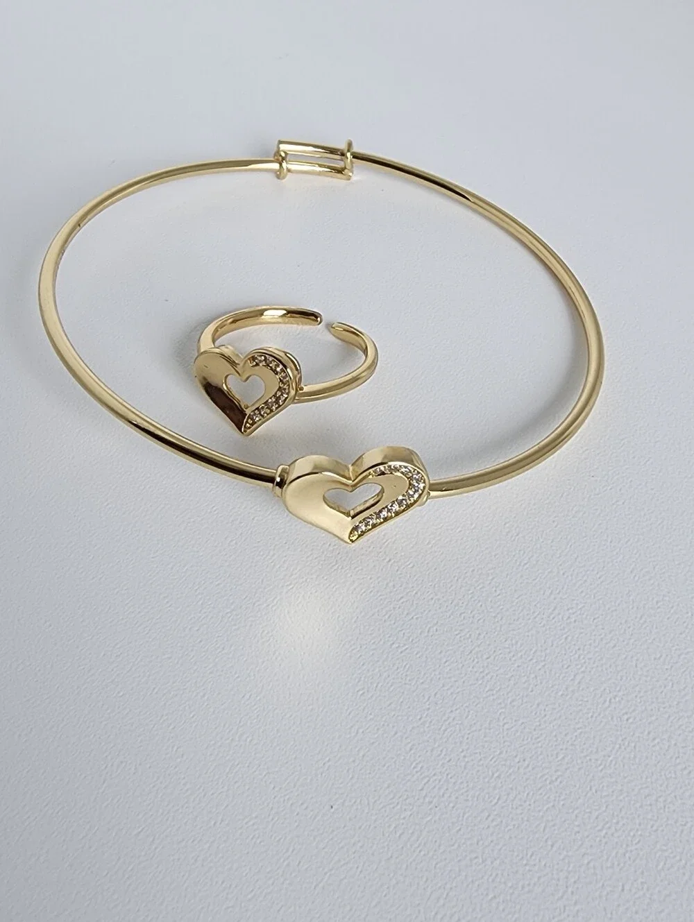 Gold Plated Heart Bangle & Adjustable Ring Set CZ Love Jewelry Girls